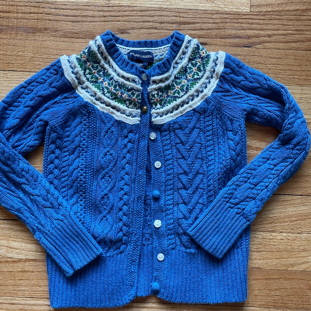 Vintage Ralph Lauren Blue and White Cable Knit Cardigan